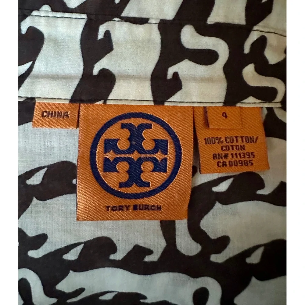 Tory Burch‎ Women Brown White Cotton Button Down Shirt Epaulettes size 4